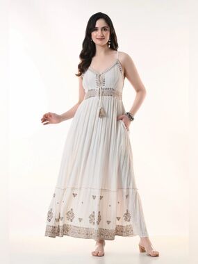 24616 Luxe Cream Boho Embroidered Maxi Dress with Tassel Tie